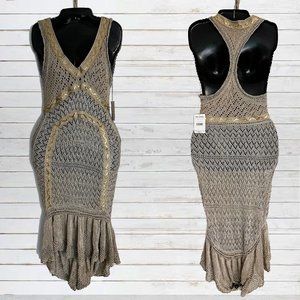 NWT Free People Gold Crochet Sequin Deep V Racerback Dress (S)